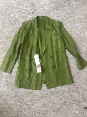 Massimo Dutti Olive Green Double-Breasted Linen Blazer